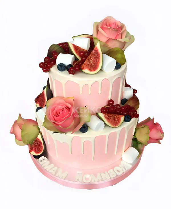 Торт с цветами и фруктами на юбилей 45 женщине Фото