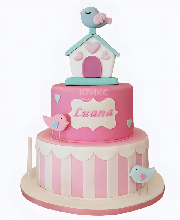Торт с птичками и их домиком Фото