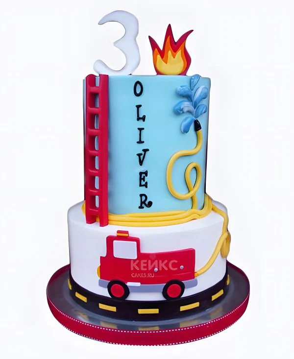 Торт двухэтажный с пожарной лестницей и машиной Фото