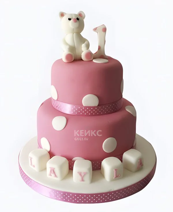 Розовый торт с белым мишкой и кубиками Фото