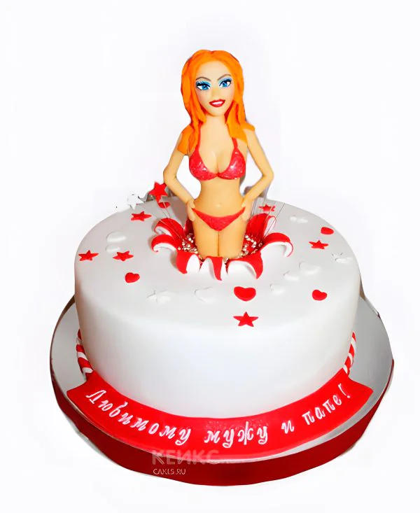 Белый торт с девушкой в красном купальнике Фото