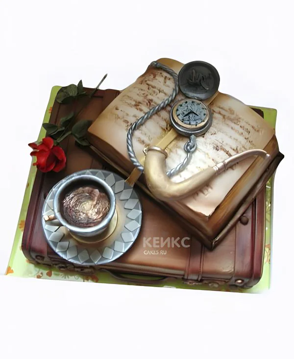 Красивый торт с кружкой и карманными часами Фото