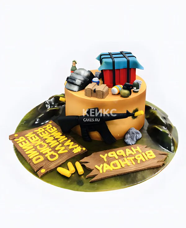 Торт с оружием и желтой надписью  PUBG Торт с оружием и желтой надписью  PUBG Фото