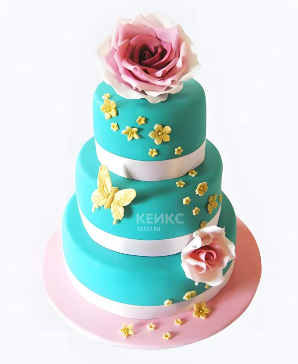 Торт розово голубой с бабочками Фото