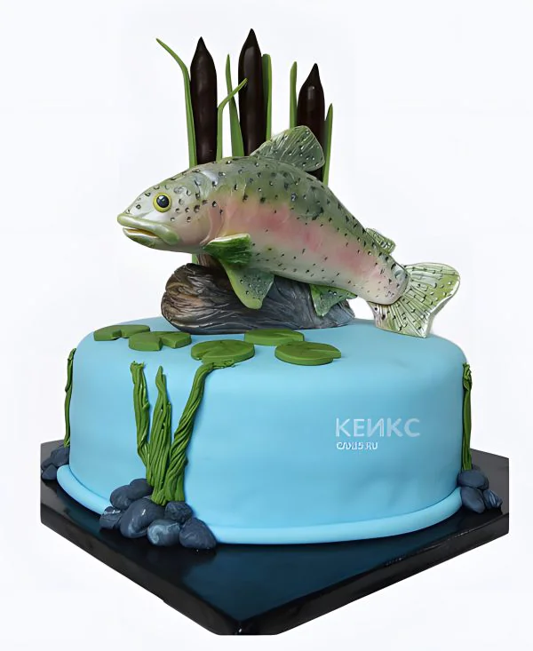 Торт для рыбака с рыбой и камышами Фото