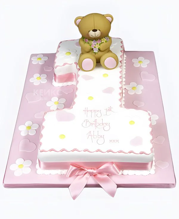 Розовый торт с ромашками и мишкой Фото