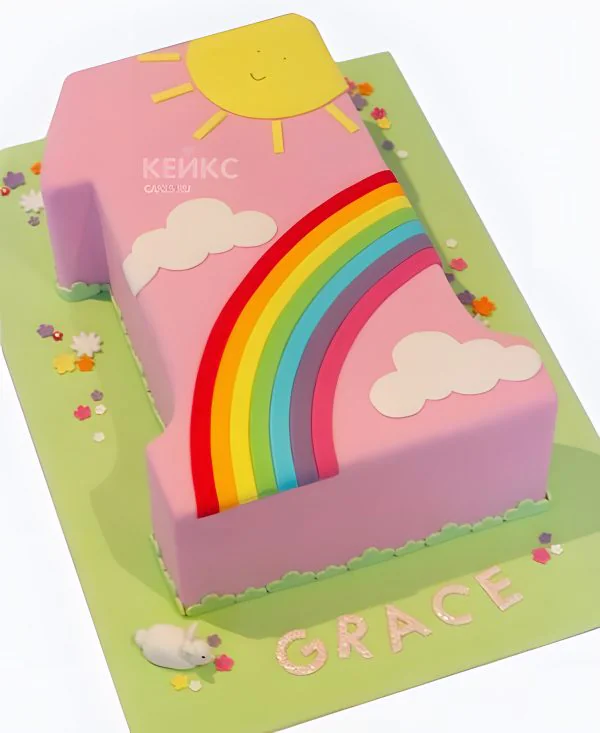 Торт в виде цифры с радугой и солнцем Фото