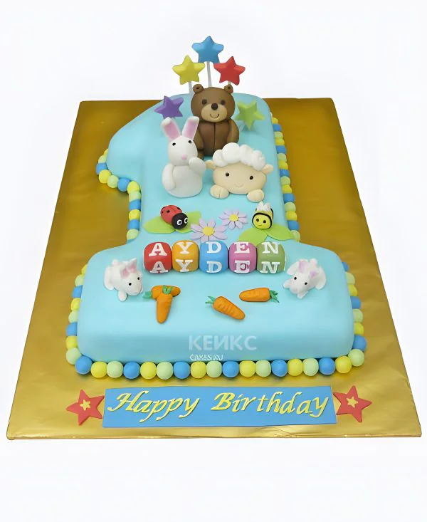 Торт в виде цифры с животными и кубиками Фото