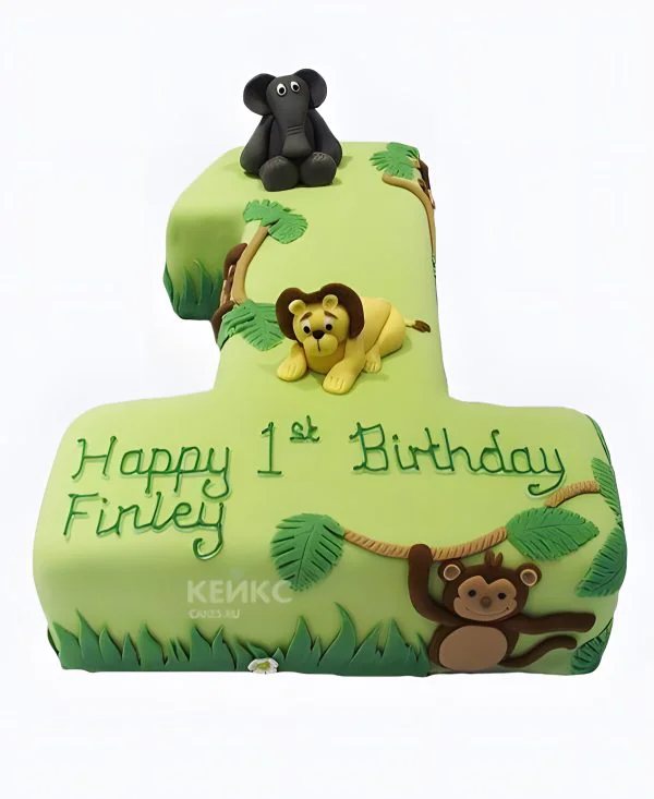 Зеленый торт цифра с надписью и обезьянками Зеленый торт цифра с надписью и обезьянками Фото