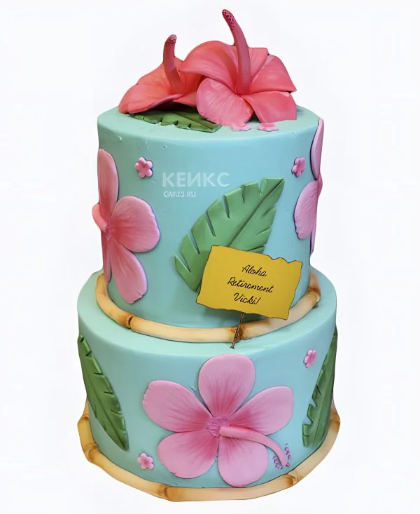 Нежно-голубой торт с большими цветами Фото
