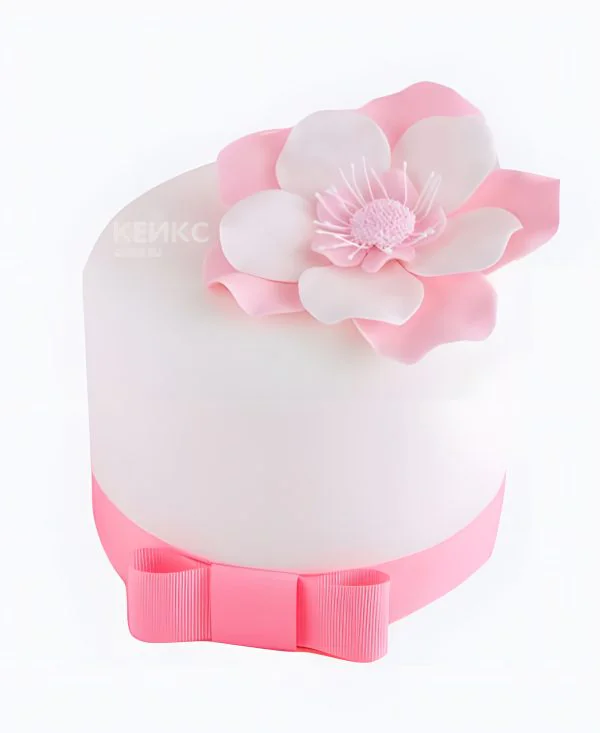 Белый торт с розовым бантом и цветком Белый торт с розовым бантом и цветком Фото