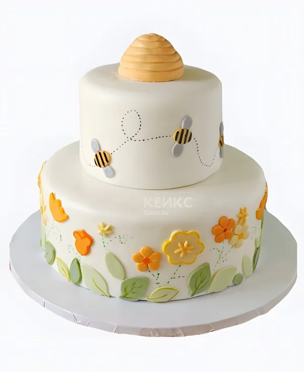 Двухъярусный торт с цветами и пчелками Двухъярусный торт с цветами и пчелками Фото