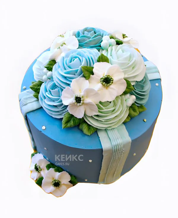 Торт с цветами цветами из синей мастики Фото