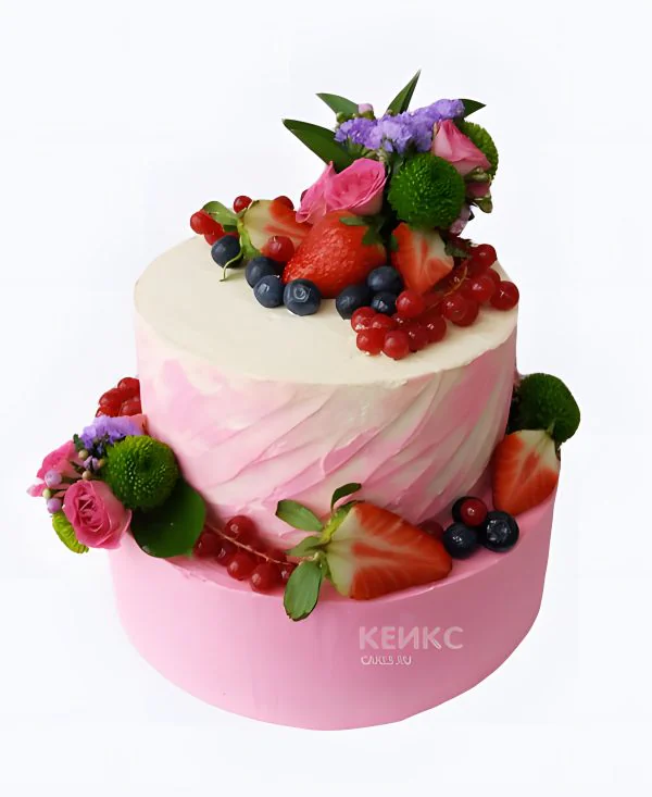 Торт с фруктами и цветами из крема Фото