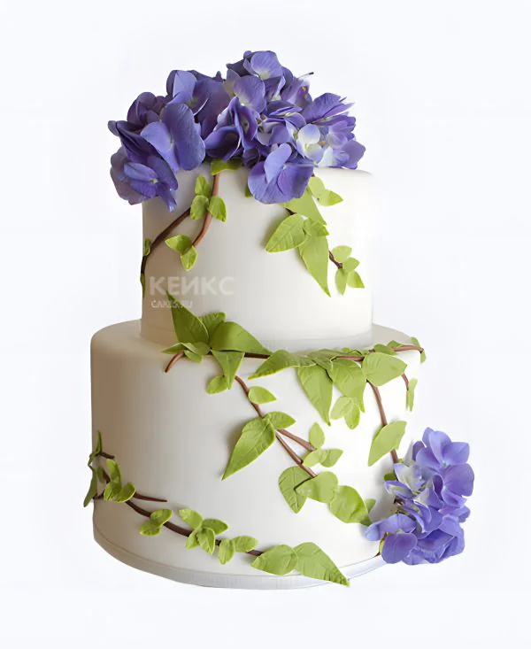 Торт с гортензиями и зелеными листьями Фото