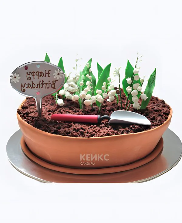 Торт в виде горшка с ландышами Фото