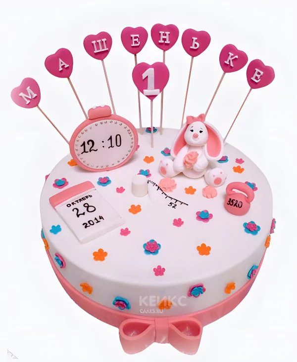 Розовый торт с метрикой для девочки Фото