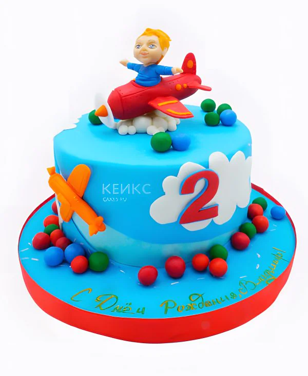 Голубой торт с самолетами и летчиком Голубой торт с самолетами и летчиком Фото