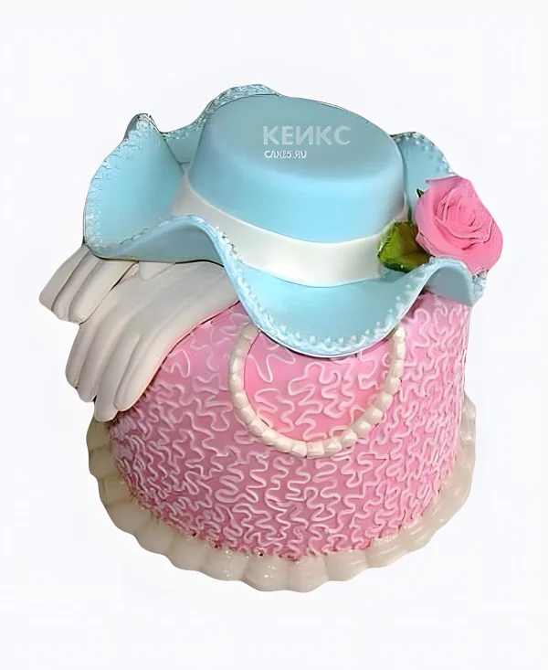 Розовый торт с голубой шляпой и белыми перчатками Розовый торт с голубой шляпой и белыми перчатками Фото