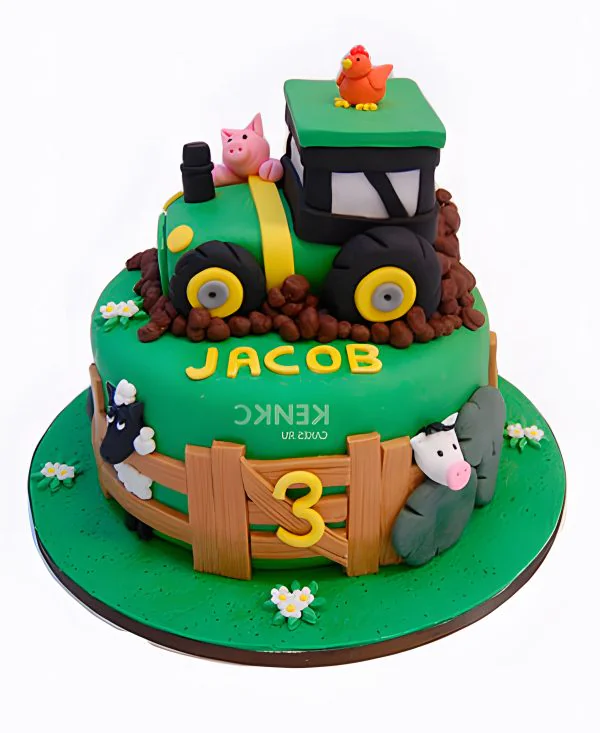 Торт с трактором и животными на день рождения мальчику Фото
