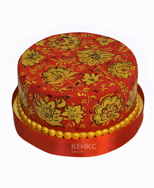 Торт в русском стиле расписной из мастики Фото