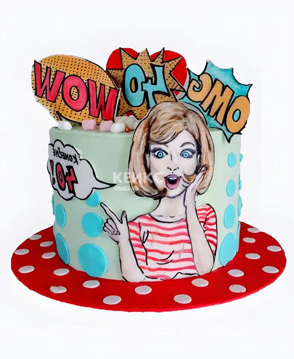 Голубой торт с надписями и удивленной девушкой Голубой торт с надписями и удивленной девушкой Фото