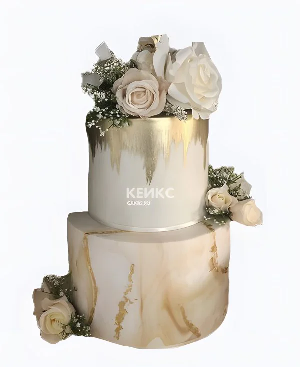 Торт с золотым переливом и розами Фото