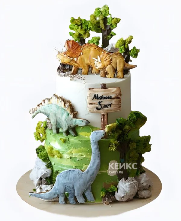 Двухъярусный торт мальчику на 5 лет с динозаврами Двухъярусный торт мальчику на 5 лет с динозаврами Фото