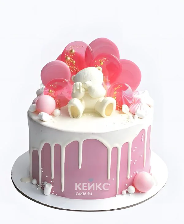 Красивый торт девочке на 10 лет с мишкой и леденцами Фото