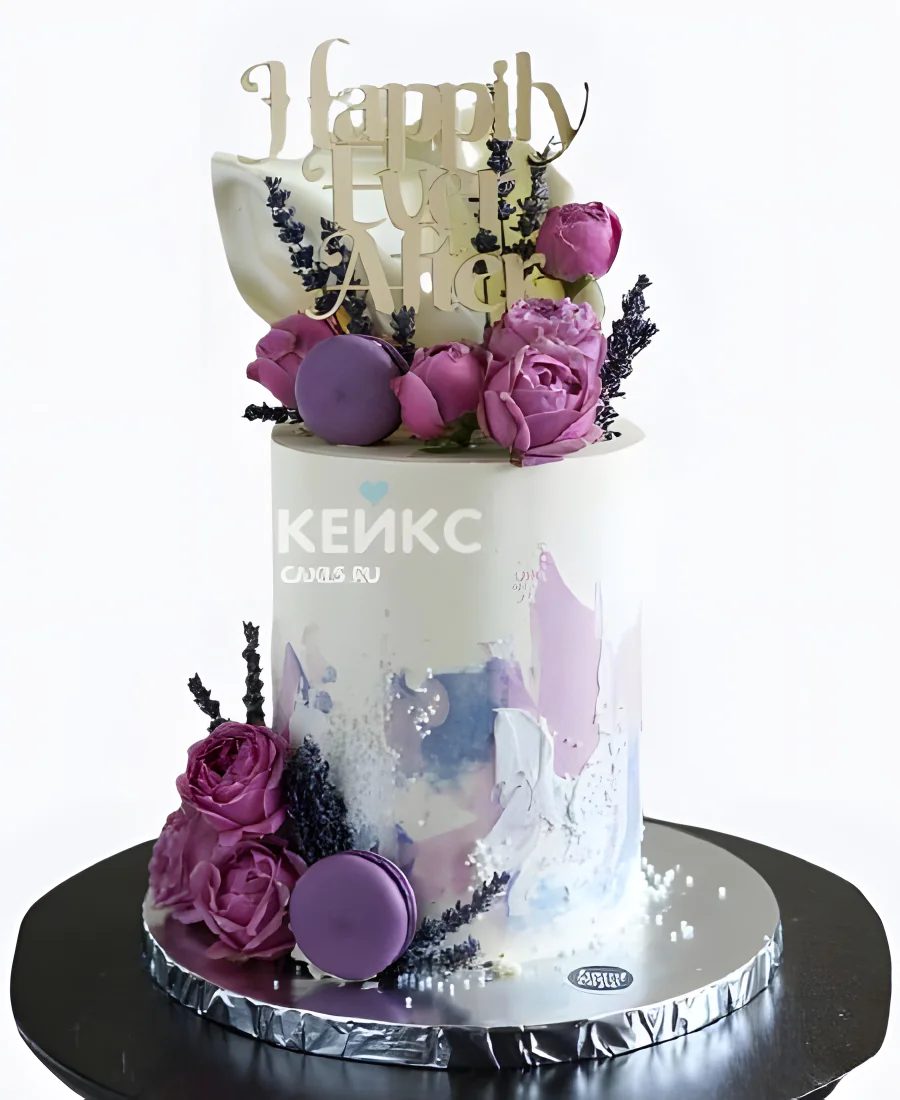 Пышный торт женщине на 50 лет с розами и макарон Пышный торт женщине на 50 лет с розами и макарон Фото