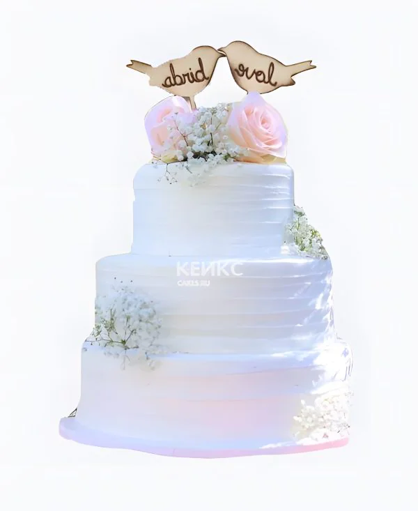 Свадебный торт с розами и птичками Фото