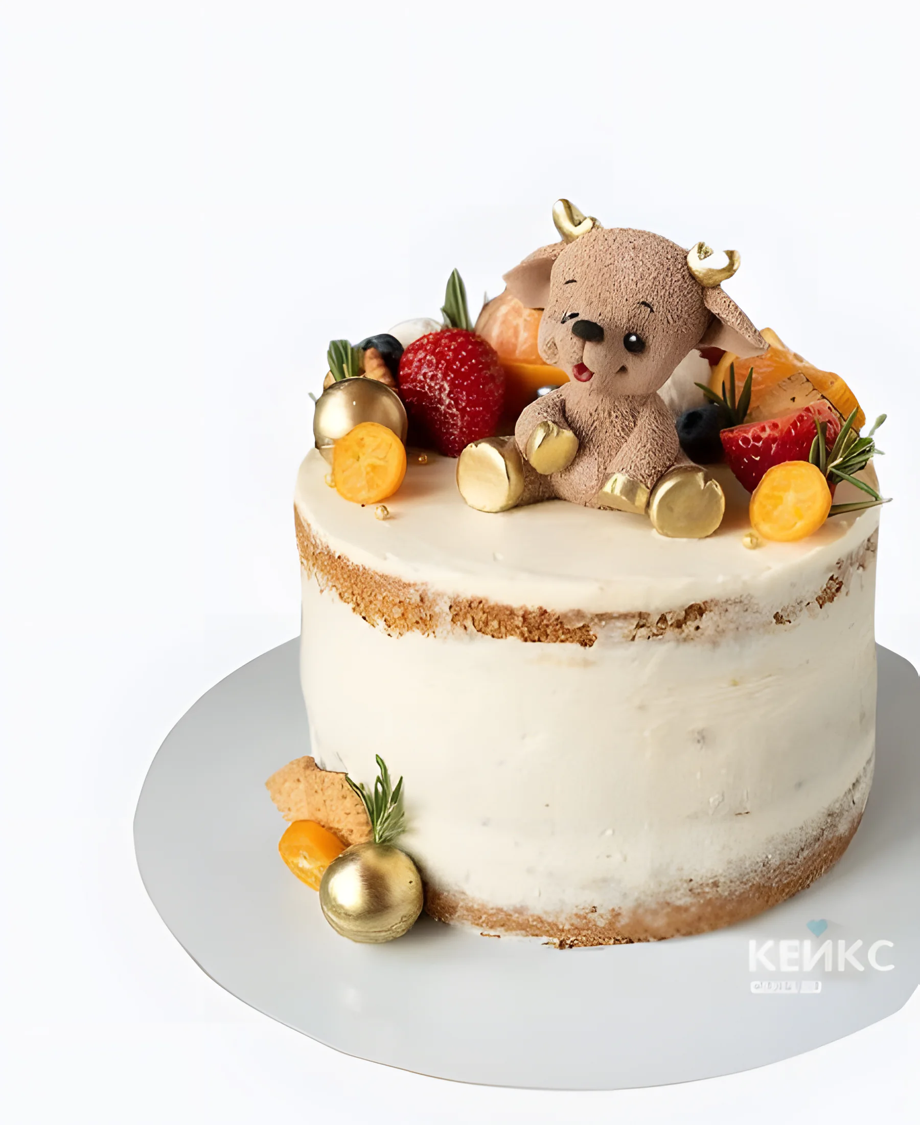 Торт на 5 лет мальчику с фруктами и фигуркой медвежонка Фото