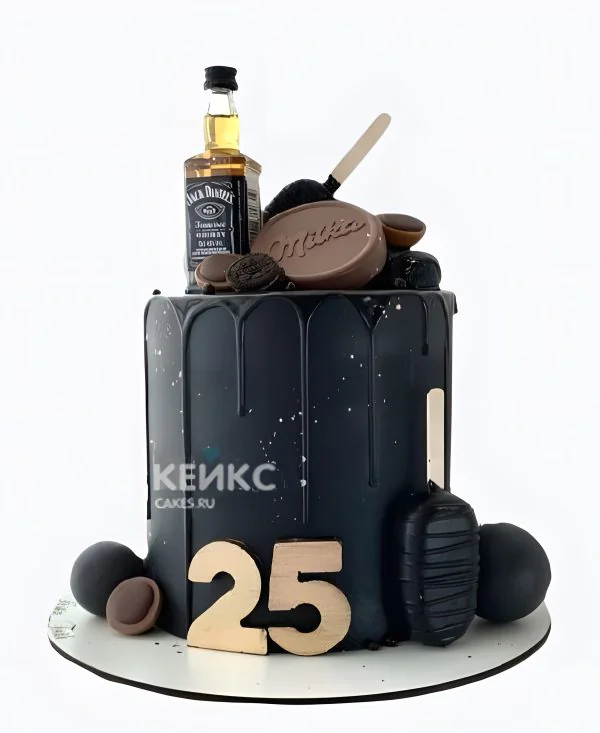 Черный торт на день рождения мужчине с шоколадом и бутылочкой Черный торт на день рождения мужчине с шоколадом и бутылочкой Фото