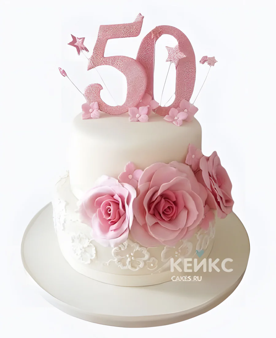Торт женщине на 50 лет с цветами из мастики Фото