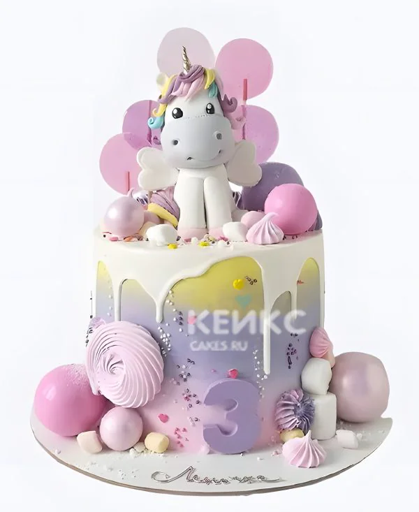 Воздушный торт с единорогом и цифрой Фото