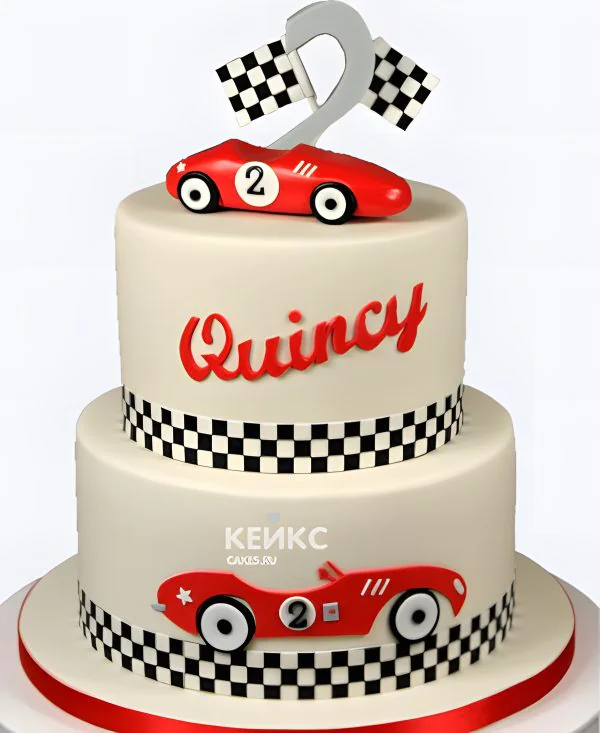 Белый торт гонки с машинками и цифрой Белый торт гонки с машинками и цифрой Фото
