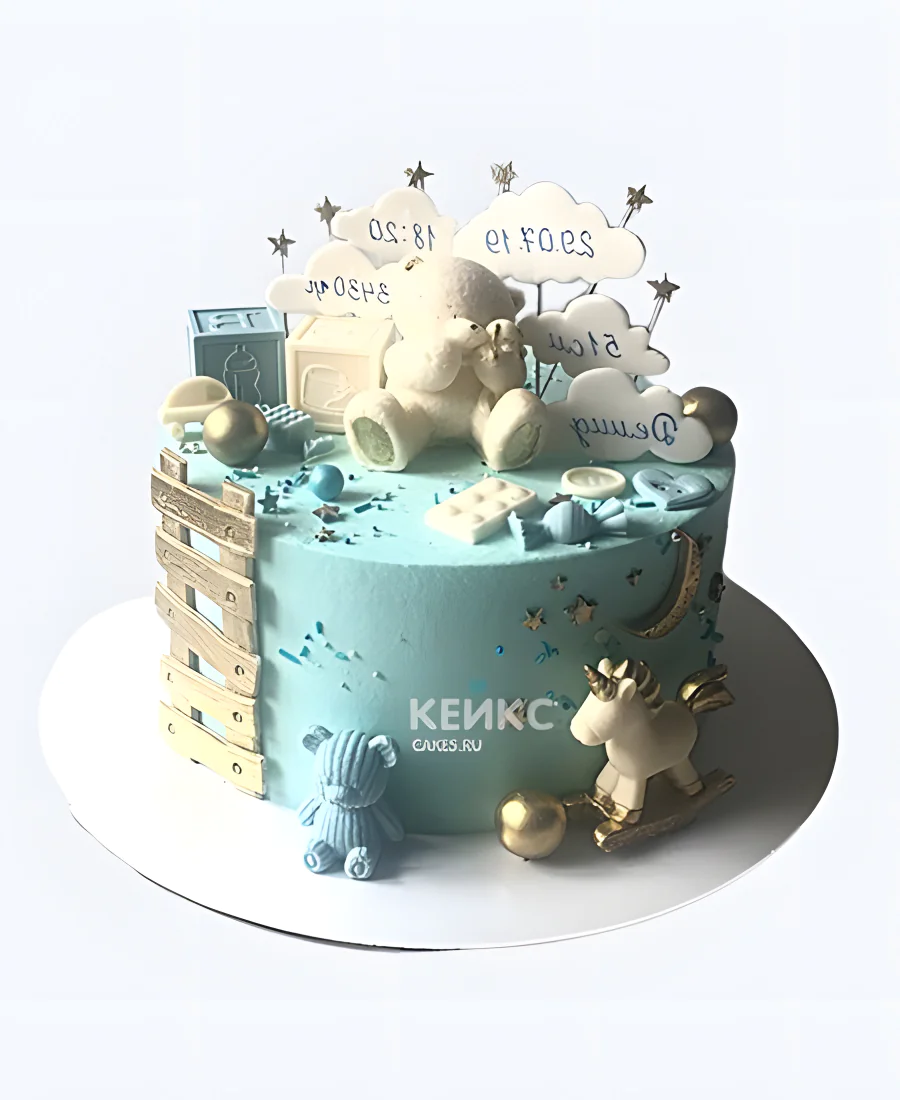 Бирюзовый торт на выписку с метрикой и фигурками Бирюзовый торт на выписку с метрикой и фигурками Фото