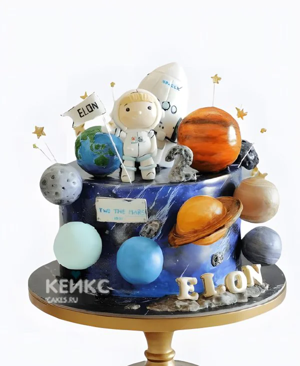 Блестящий космический торт с фигурками планет и космонавтом Блестящий космический торт с фигурками планет и космонавтом Фото
