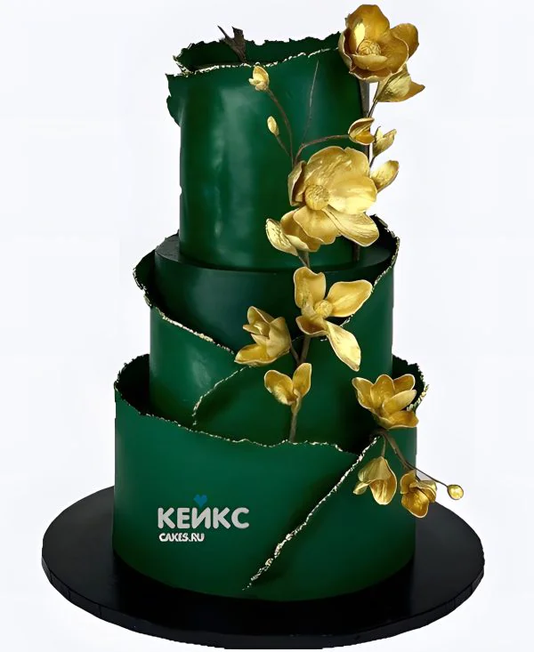 Большой изумрудный торт с золотыми цветами Большой изумрудный торт с золотыми цветами Фото
