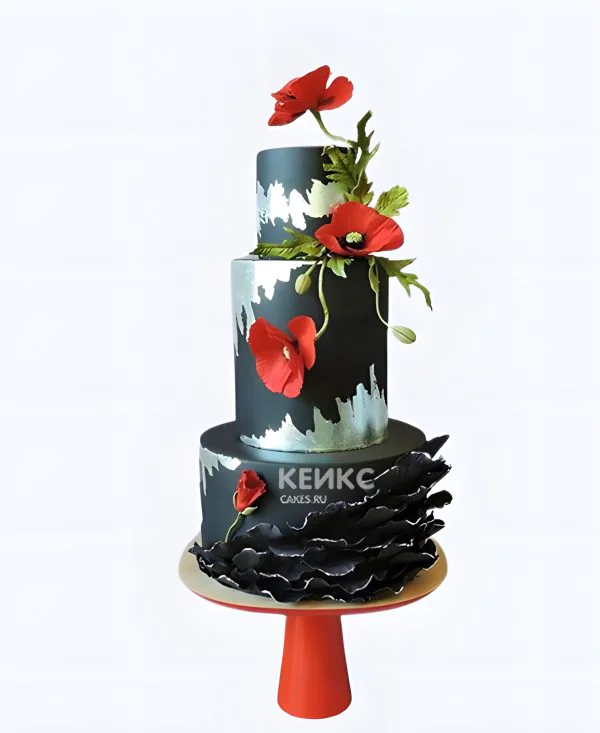 Чёрный изящный торт с маками Чёрный изящный торт с маками Фото