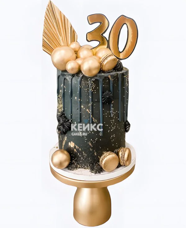Черный торт на юбилей 30 лет с золотыми макаруни Фото