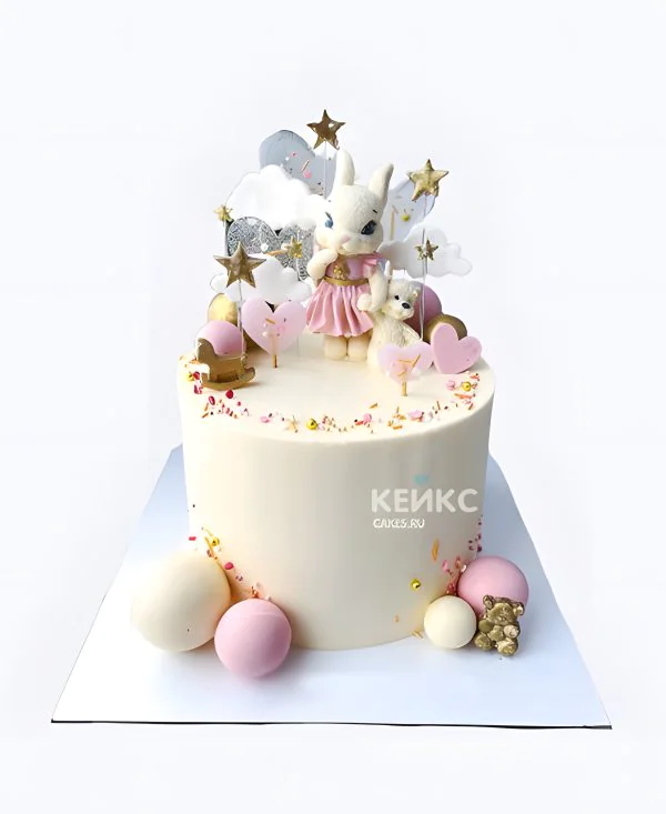 Чудесный торт девочке на 3 года с зайчиком и шариками Фото