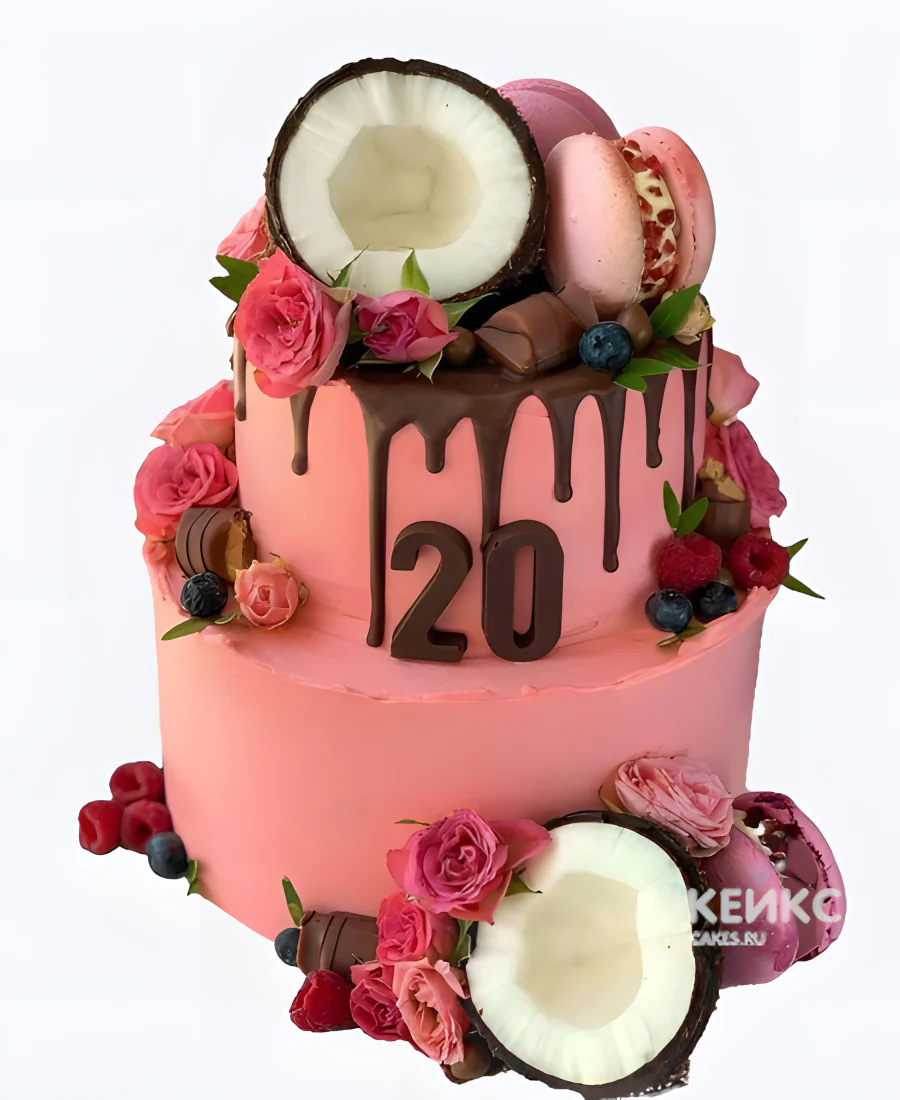 Дорогой торт на 20 лет с кокосом и макарунсами Дорогой торт на 20 лет с кокосом и макарунсами Фото