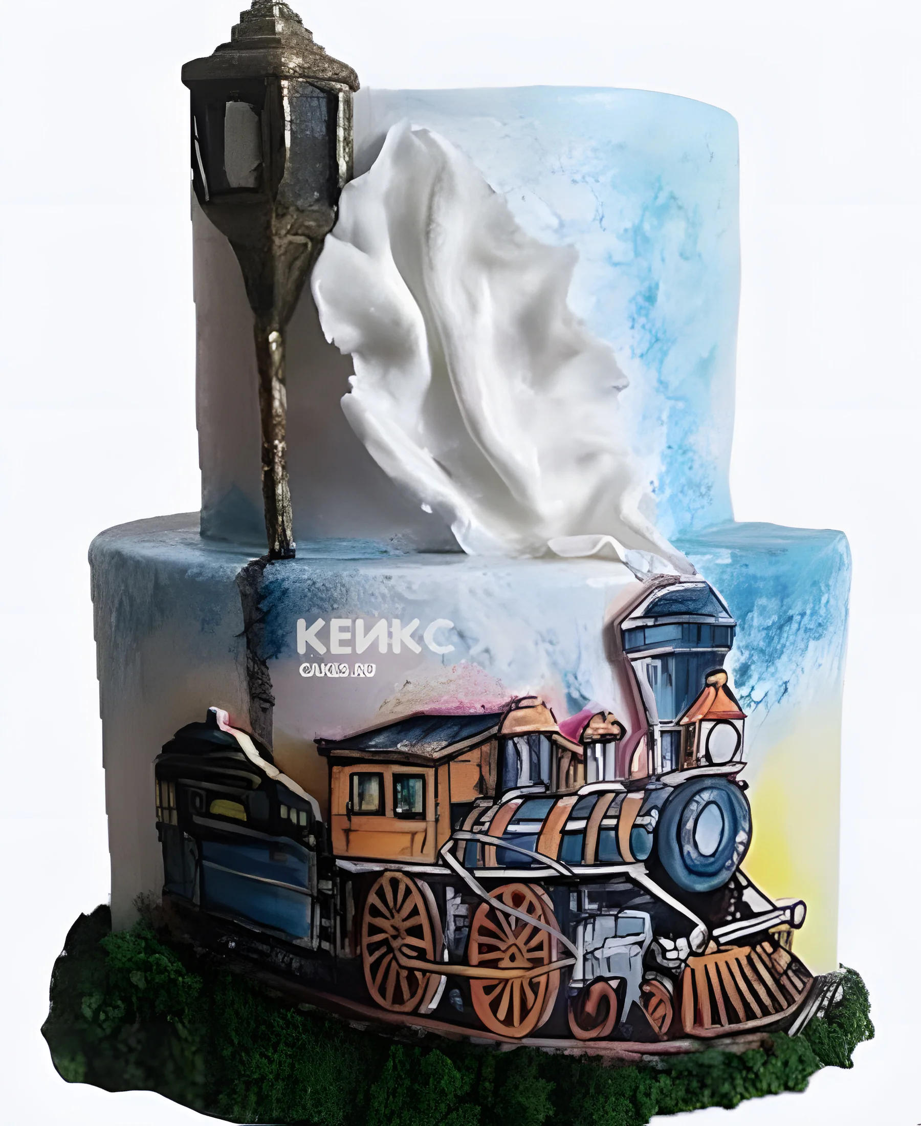 Двухъярусный торт с паровозиком и фонарем Фото