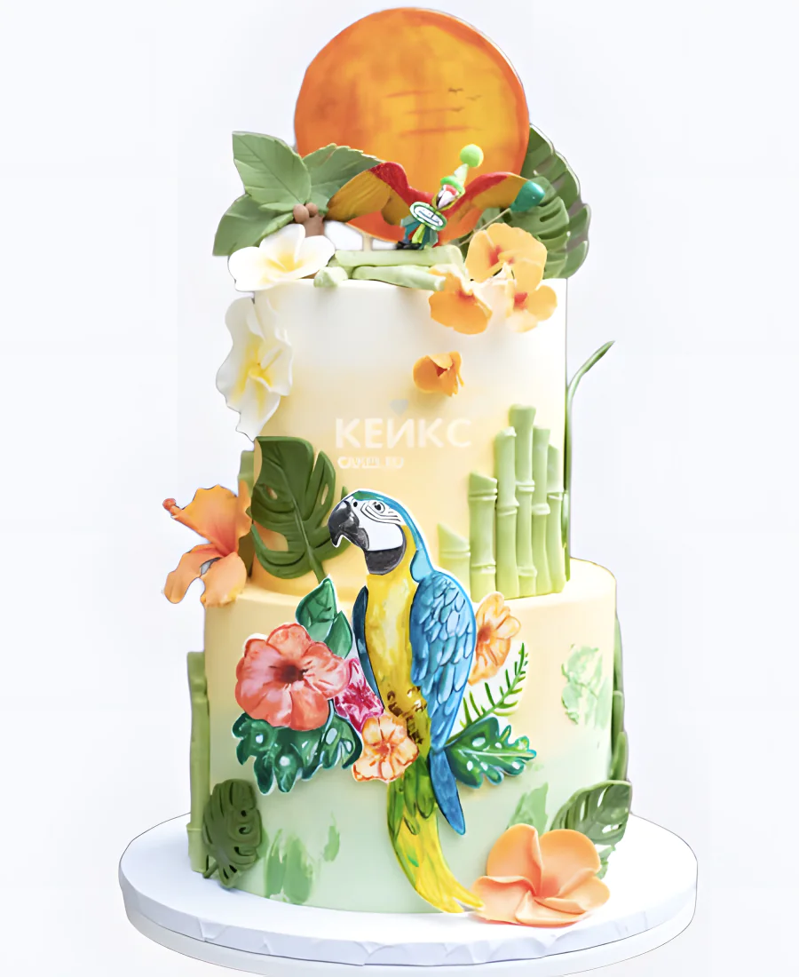 Двухъярусный высокий торт с попугаем Двухъярусный высокий торт с попугаем Фото
