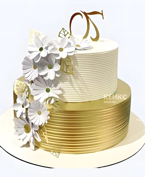 Эффектный торт на 70 лет с ромашками из мастики и цифрой Фото
