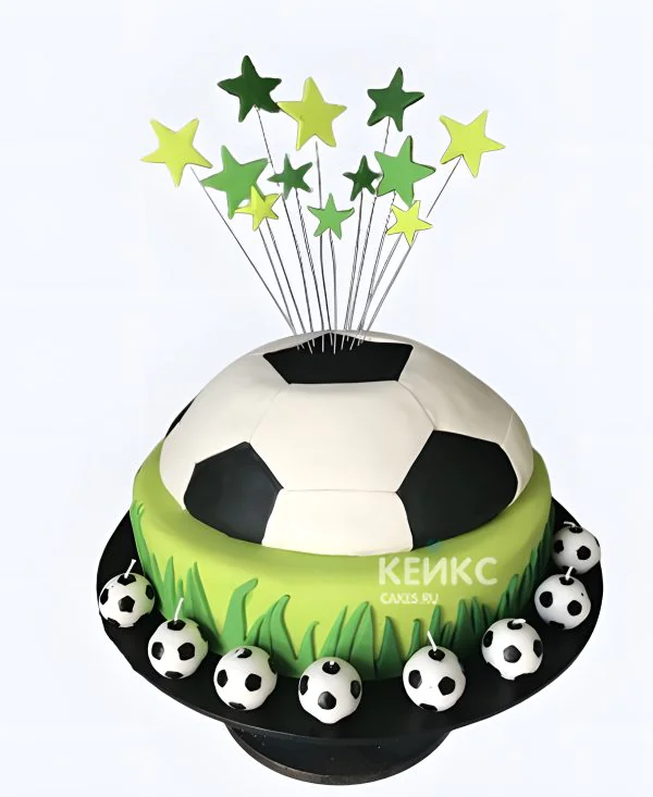 Футбольный торт 3D в виде футбольного мяча со звездами Футбольный торт 3D в виде футбольного мяча со звездами Фото