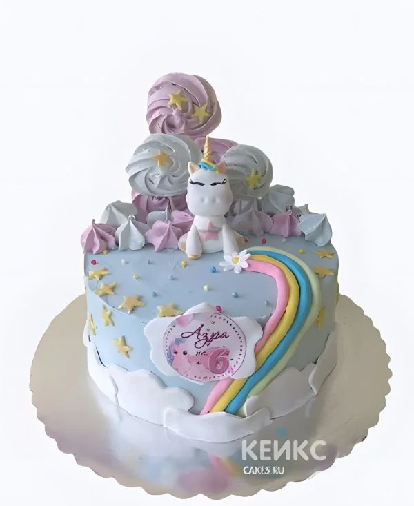 Голубой торт из крема с единорогом и безе Голубой торт из крема с единорогом и безе Фото