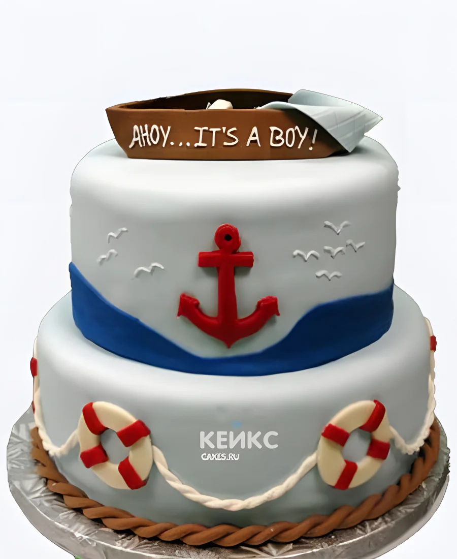 Голубой торт на 13 лет с якорем Голубой торт на 13 лет с якорем Фото