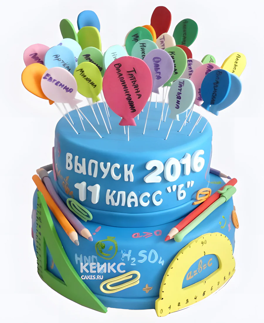 Голубой торт в 11 класс с шариками и именами Голубой торт в 11 класс с шариками и именами Фото